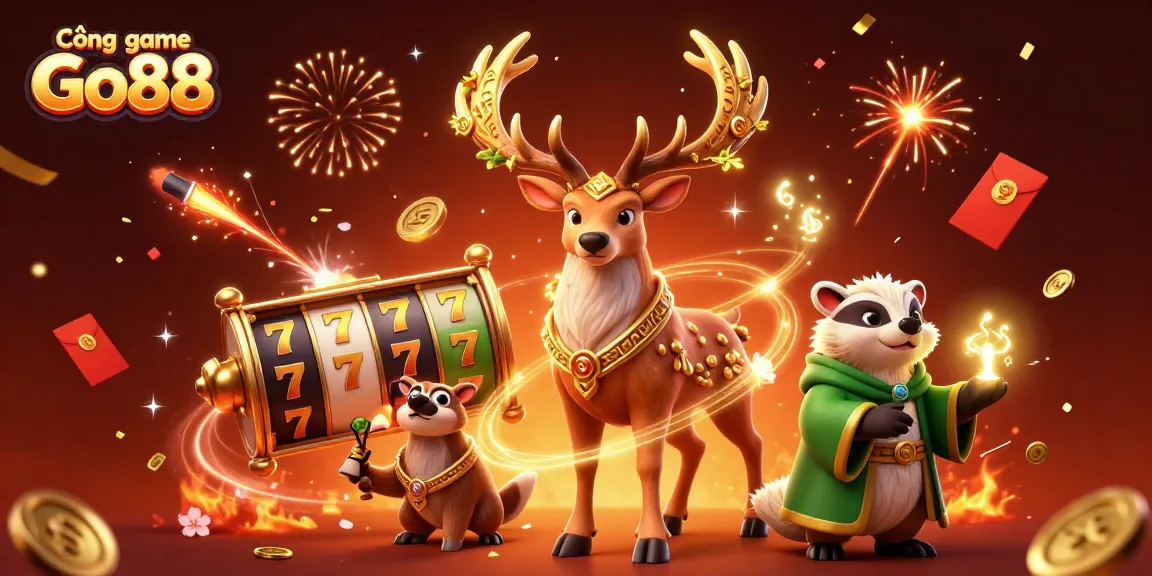 Experience the excitement at Cổng game Go88 with a 3D illustration of dynamic game elements and enchanting characters.