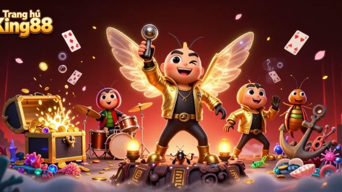 Experience a vibrant 3D casino scene showcasing king88 with engaging game elements and a cartoon rock star.