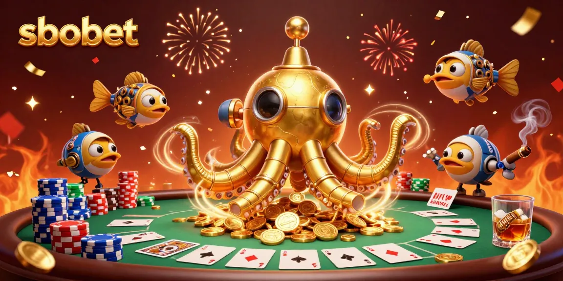 Experience thrilling sbobet action with a golden kraken submarine amidst poker excitement and celebration.