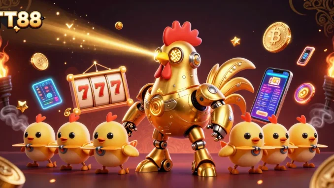 Engage with TT88's thrilling casino action featuring an animated golden rooster robot and crypto elements swirling around.