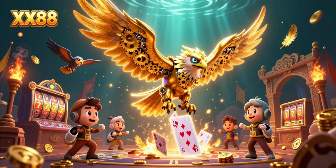 Immerse yourself in the vibrant world of XX88, showcasing a golden eagle soaring through holographic playing cards amidst dynamic casino elements.
