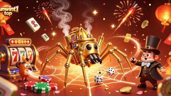 Win big with sunwint1 top as a steampunk spider catches dice in a gold web