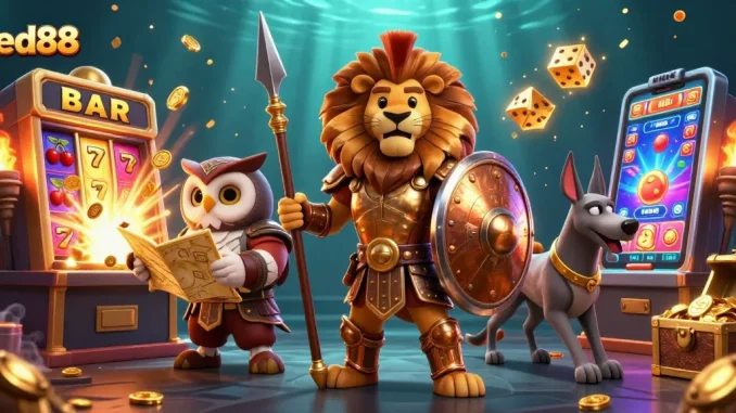 Experience thrilling slots action with red88 as the Spartan lion, owl strategist, and greyhound messenger celebrate in a vibrant casino.
