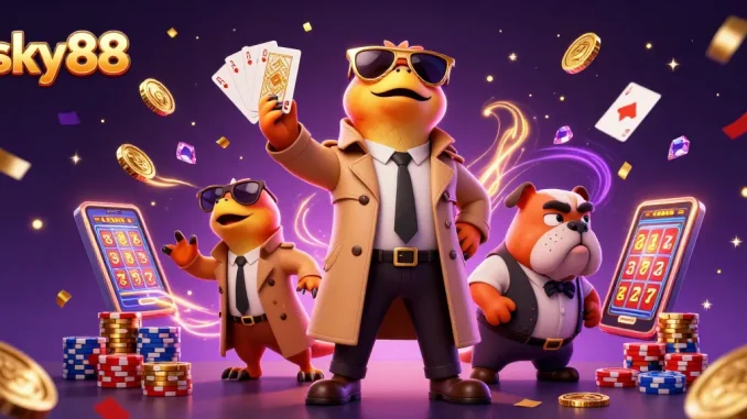 Vibrant illustration of sky88 casino with raptors in disguise, colorful poker chips, and spinning roulette wheel.