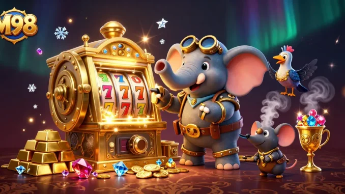 M98 combines vibrant slots and a whimsical steampunk elephant in a lively 3D casino scene filled with treasures.