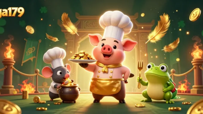 Experience thrilling gameplay with ga179, showcasing a chef pig and friends in a grand casino feast.