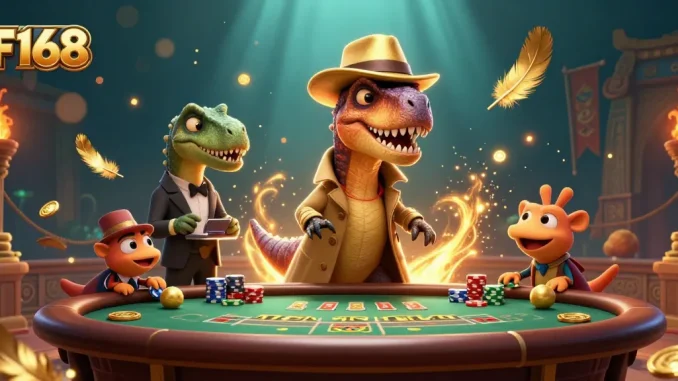 F168 engages players at a dynamic blackjack table guarded by a suspicious stegosaurus pit boss.