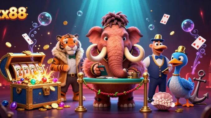 Experience tx88 excitement with a woolly mammoth bouncer and colorful slot machines in this vibrant casino scene.